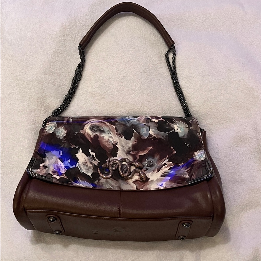 Sharif Brown Leather Shoulder Bag with Chain Detail and Snakes